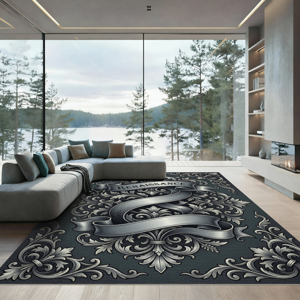 Ornate Renaissance Scrollwork Charcoal Rug