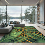 Lush Golden Grid Tropical Leaves Rug