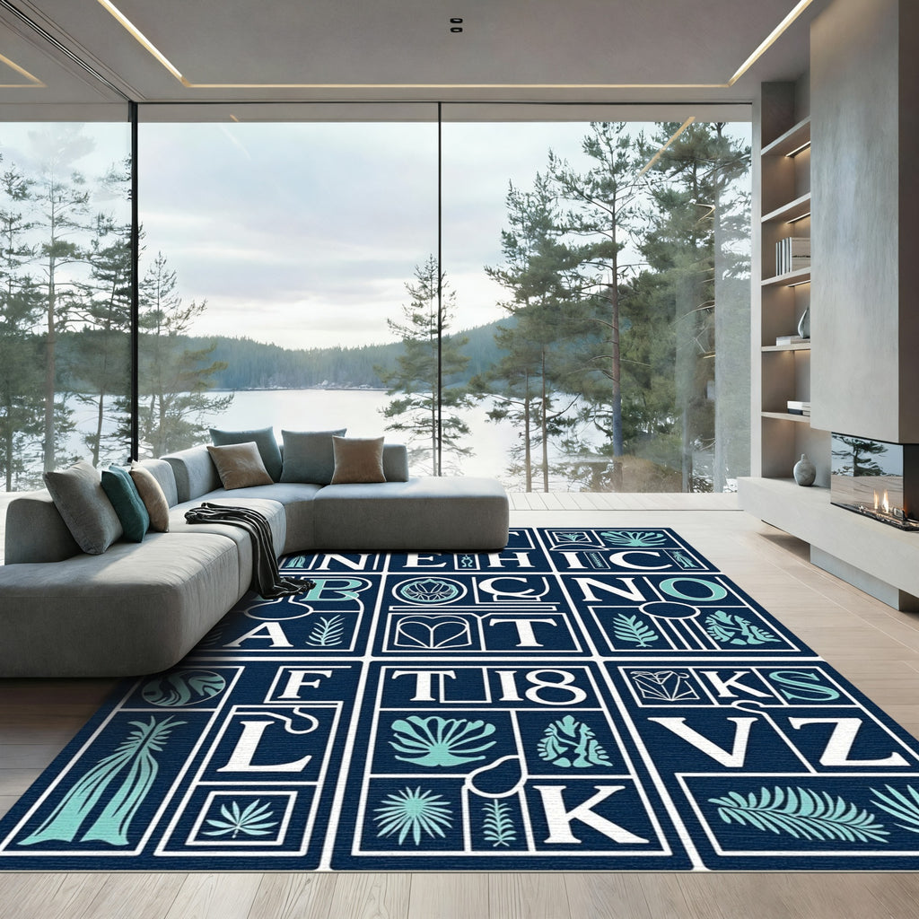 Navy Teal Botanical Letter Collage Rug