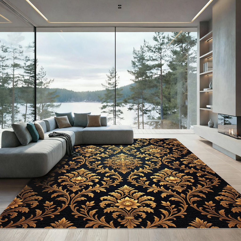 Ornate Golden Floral Damask Noir Rug