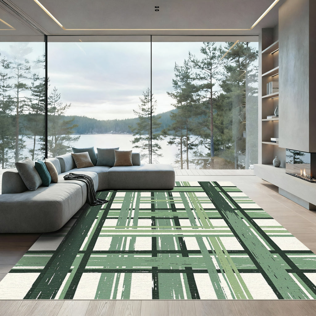 Sage Green Brushed Checkered Plaid Rug
