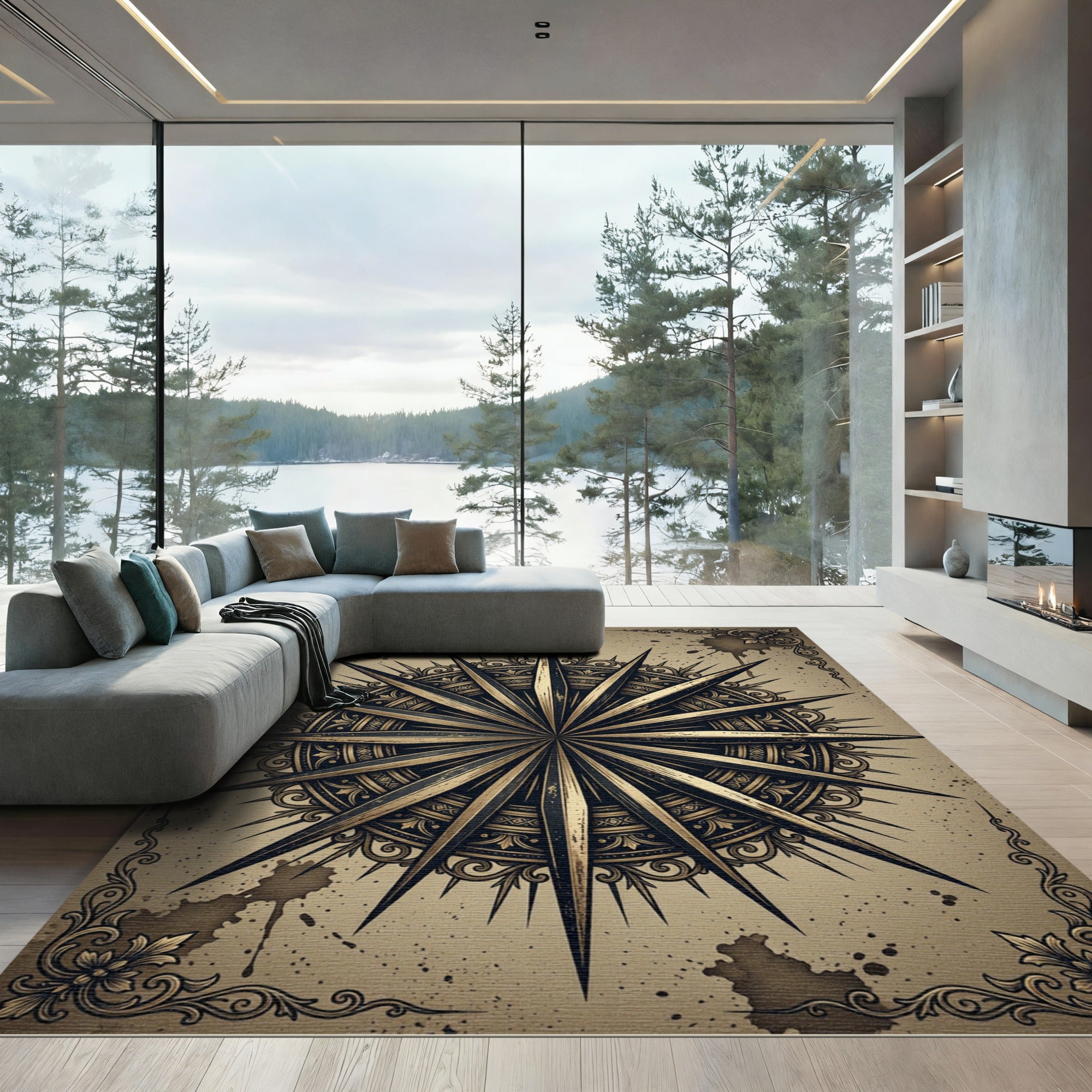 Vintage Gold Ornate Celestial Compass Rug