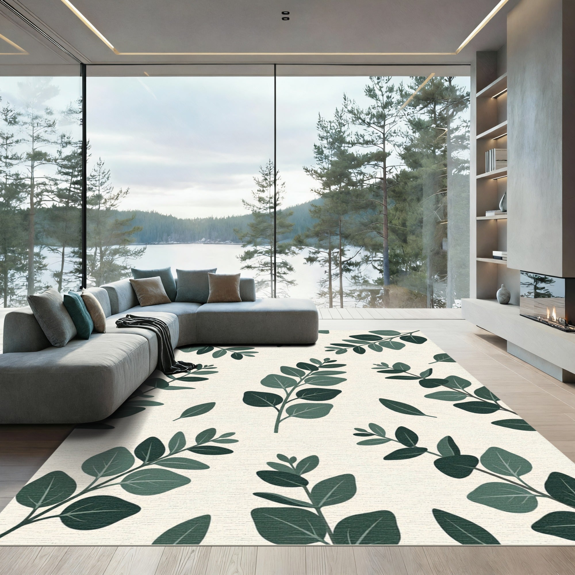 Lush Green Eucalyptus Botanical Leaves Rug