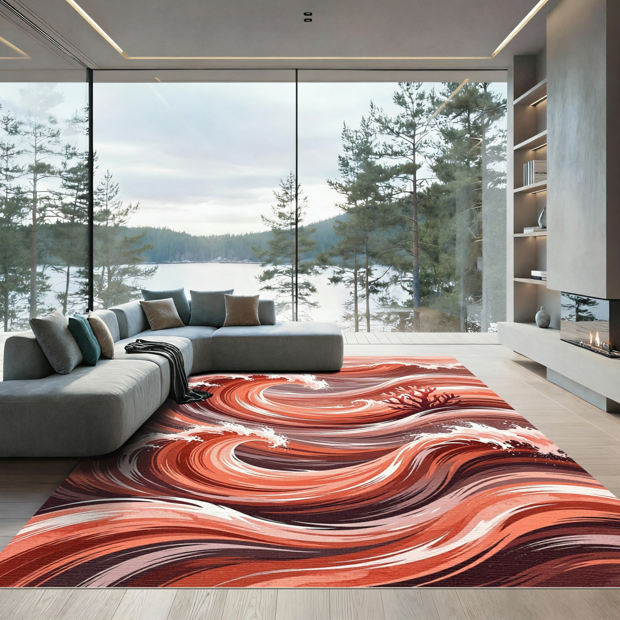 Earthy Coral Wave and Branch Composition Rug