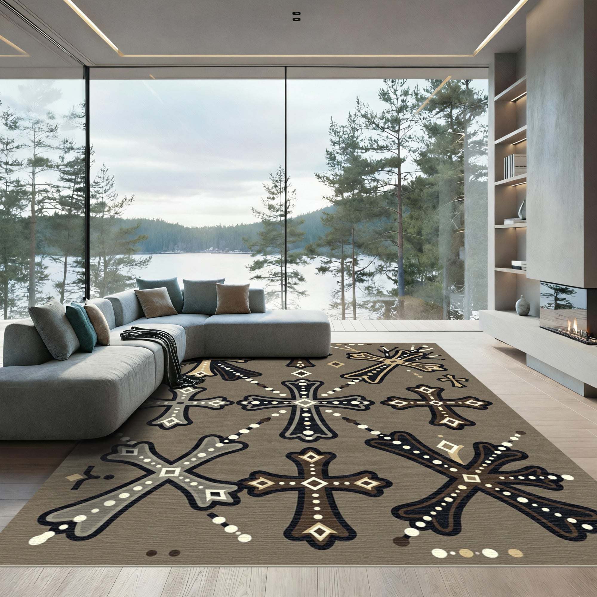 Gothic Ornate Cross Neutral Taupe Rug