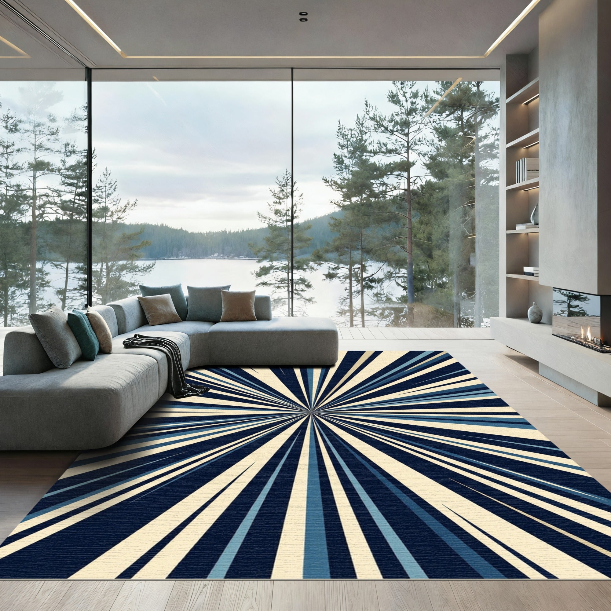 Retro Burst Starburst Blue Cream Rug