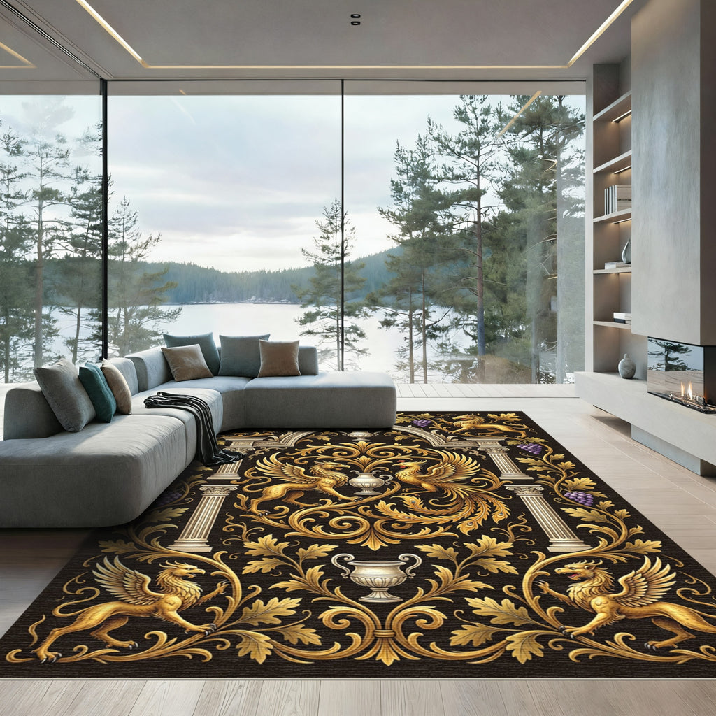Ornate Gold Gryphon Phoenix Foliage Accent Rug
