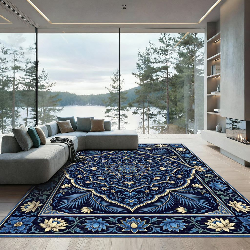 Deep Indigo Blue Floral Mandala Rug