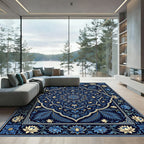 Deep Indigo Blue Floral Mandala Rug