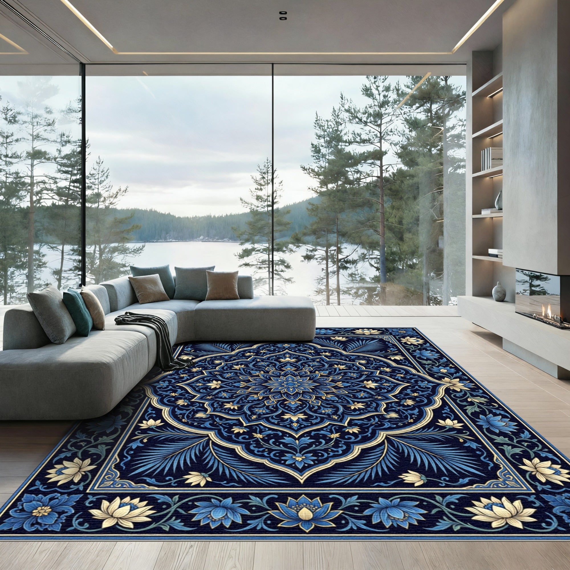 Deep Indigo Blue Floral Mandala Rug