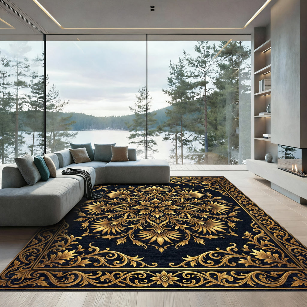 Elegant Gold Floral Medallion Black Floor Covering Rug