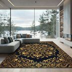 Elegant Gold Floral Medallion Black Floor Covering Rug