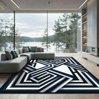 Modern Navy and White Geometric Layers Rug