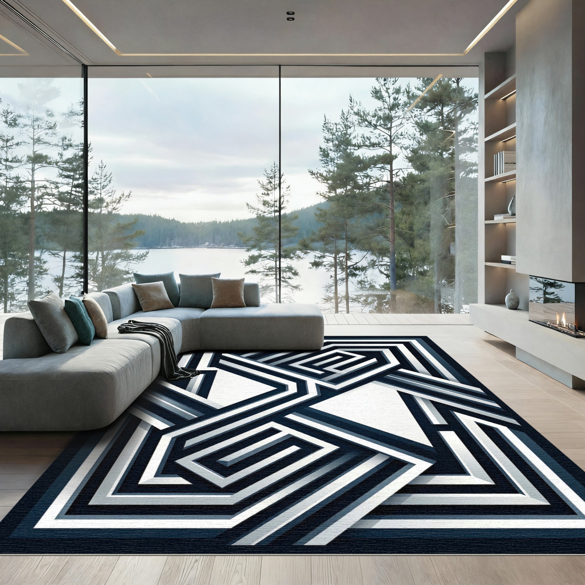 Modern Navy and White Geometric Layers Rug