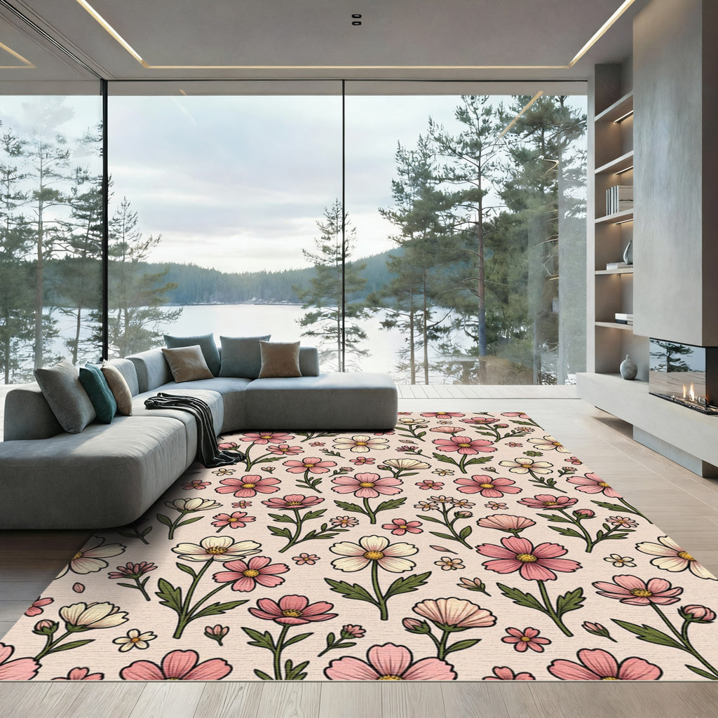 Pastel Pink Golden Cosmos Floral Rug