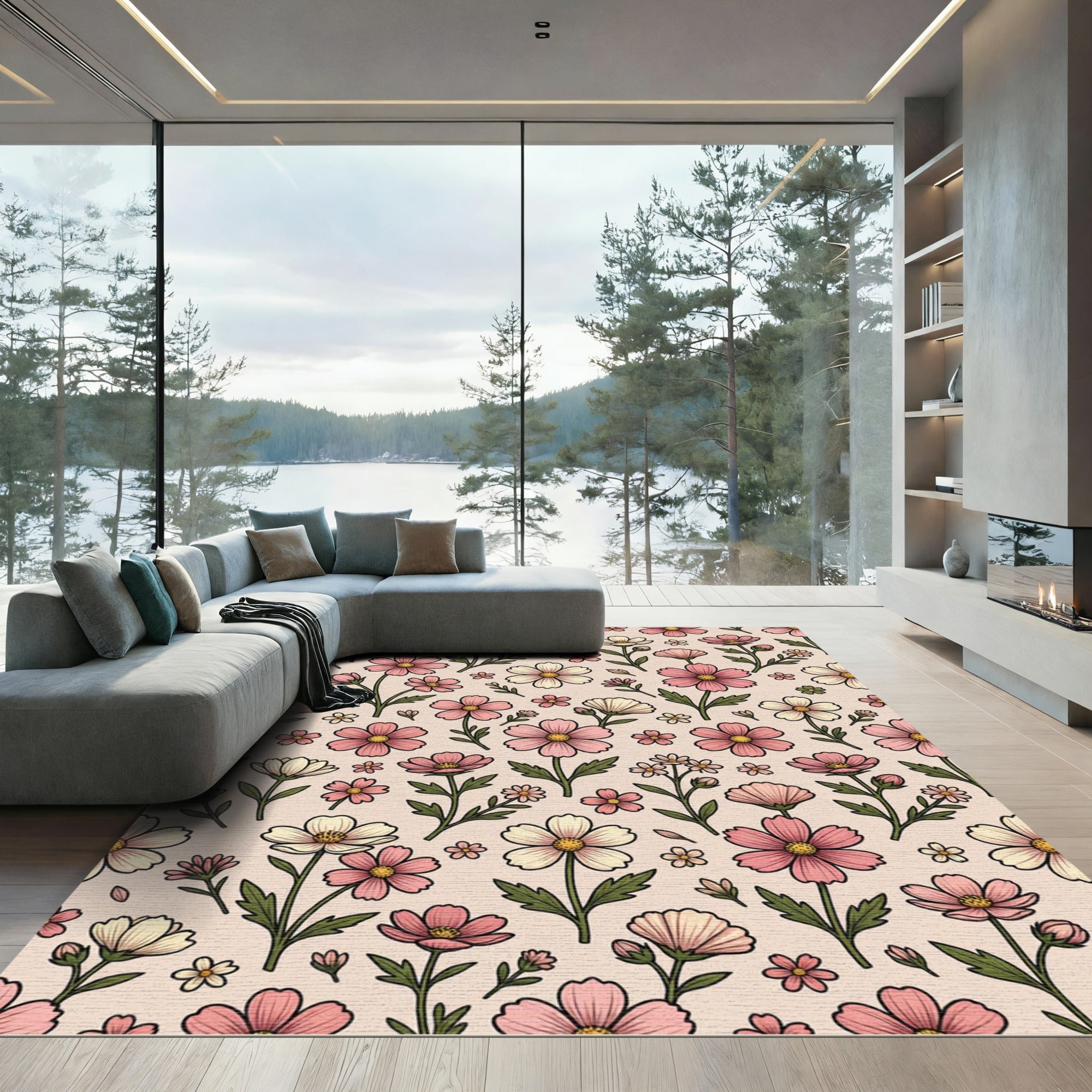 Pastel Pink Golden Cosmos Floral Rug