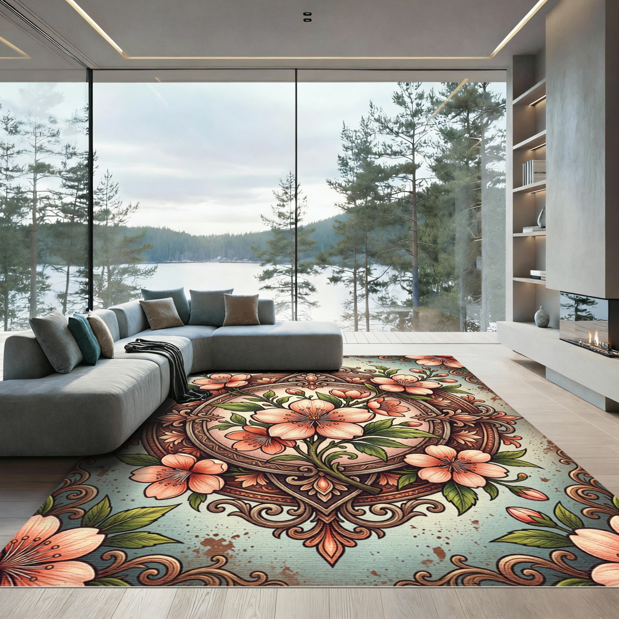 Elegant Peach Blossom Ornate Medallion Rug
