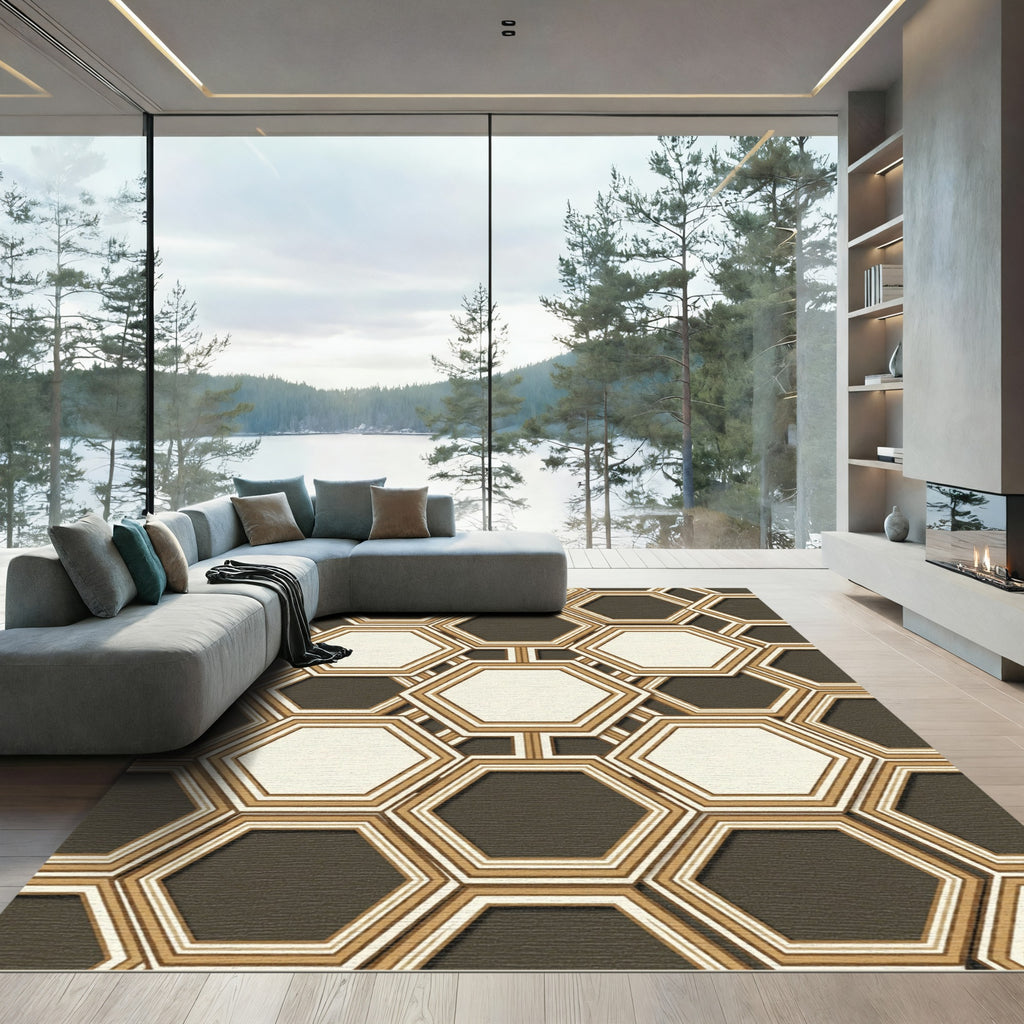 Geometric Hexagon Outline With Gold Rug