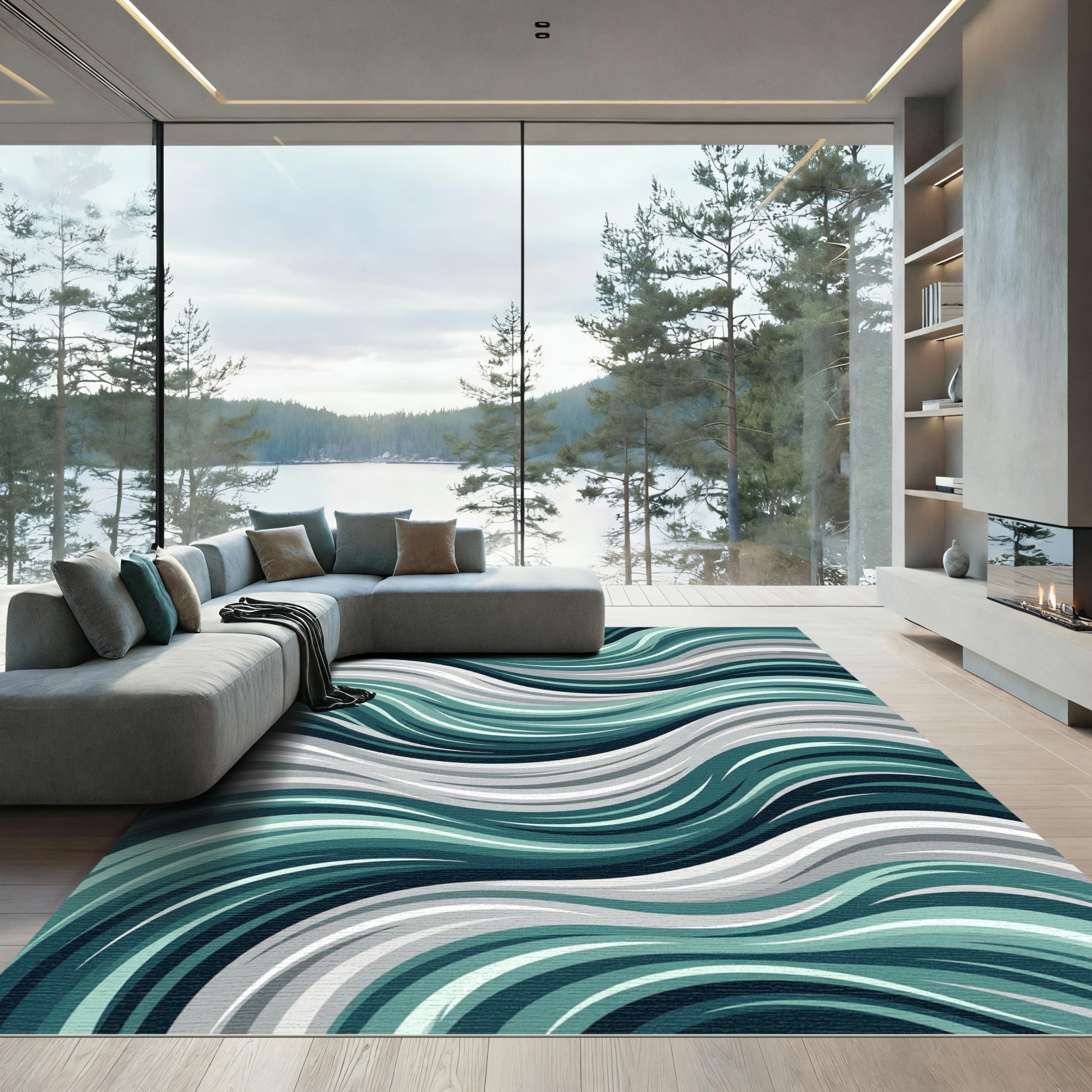 Teal Gray White Swirl Wave Rug