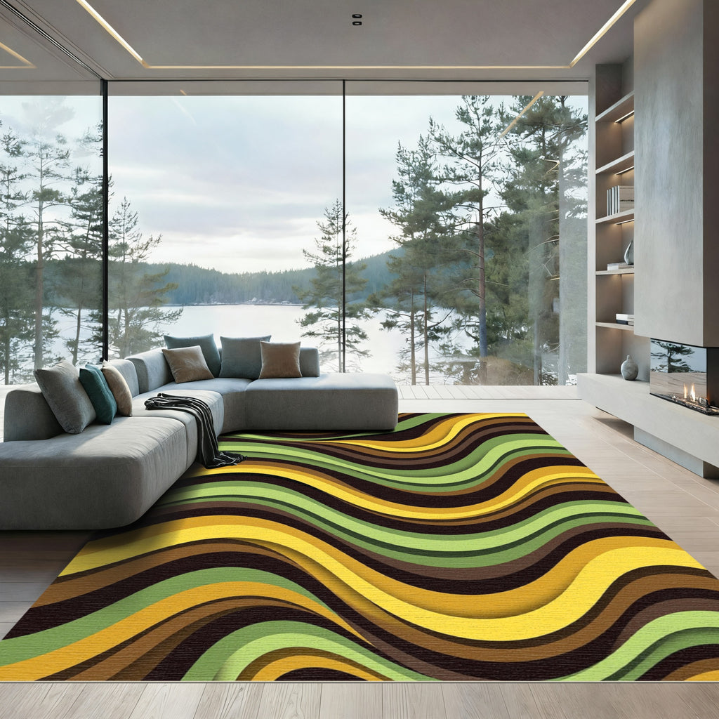 Earthy Wave Abstract Olive Gold Swirl Rug