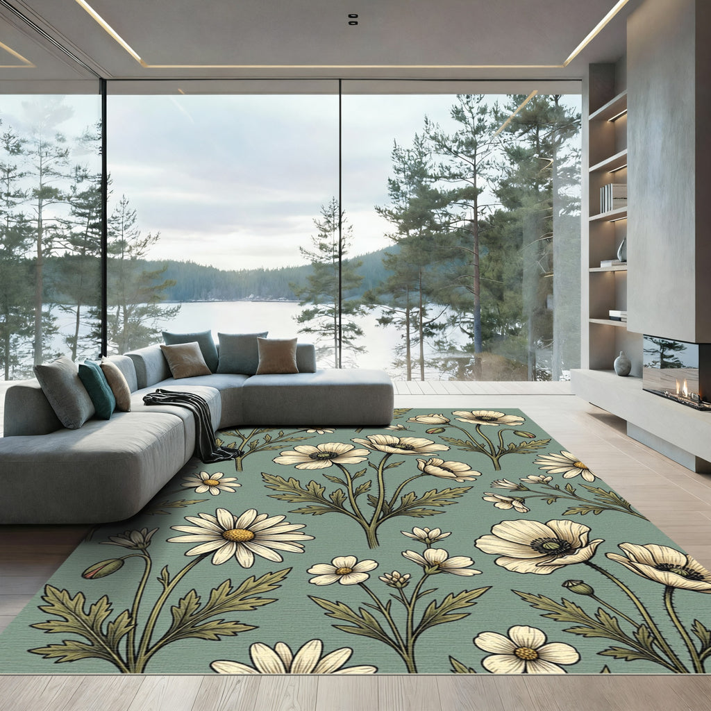 Soft Sage Botanical Poppy Daisy Field Rug