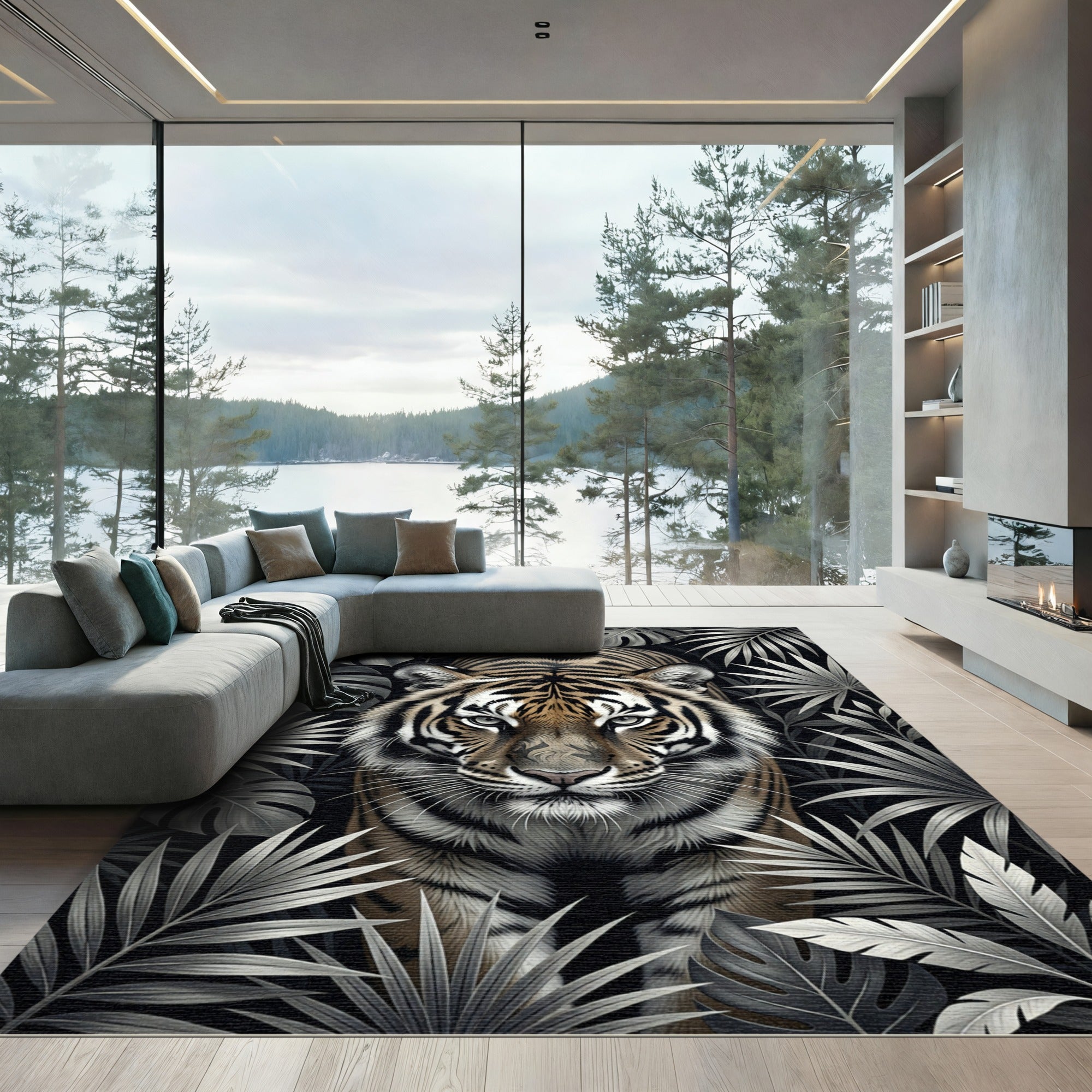 Majestic Tiger Amidst Tropical Leaves Rug