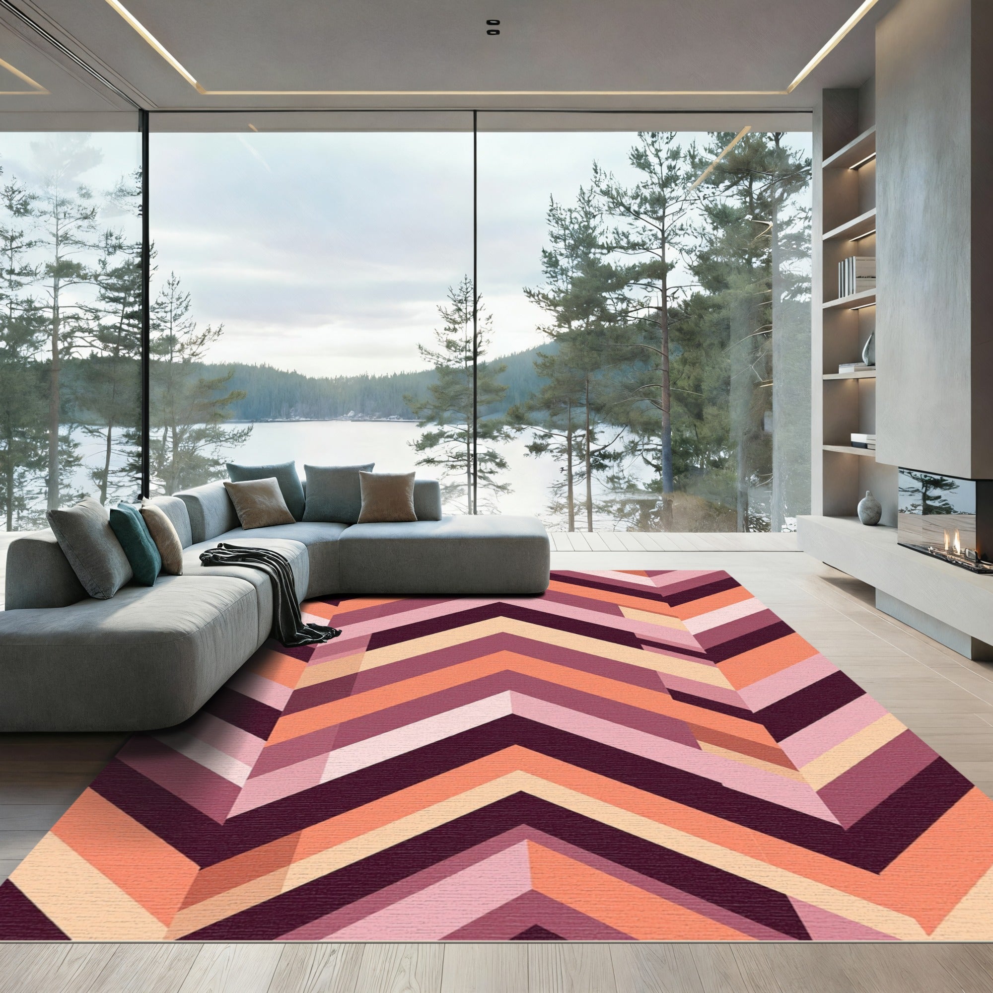 Abstract Retro Chevron Geometric Warm Sunset Tones Rug