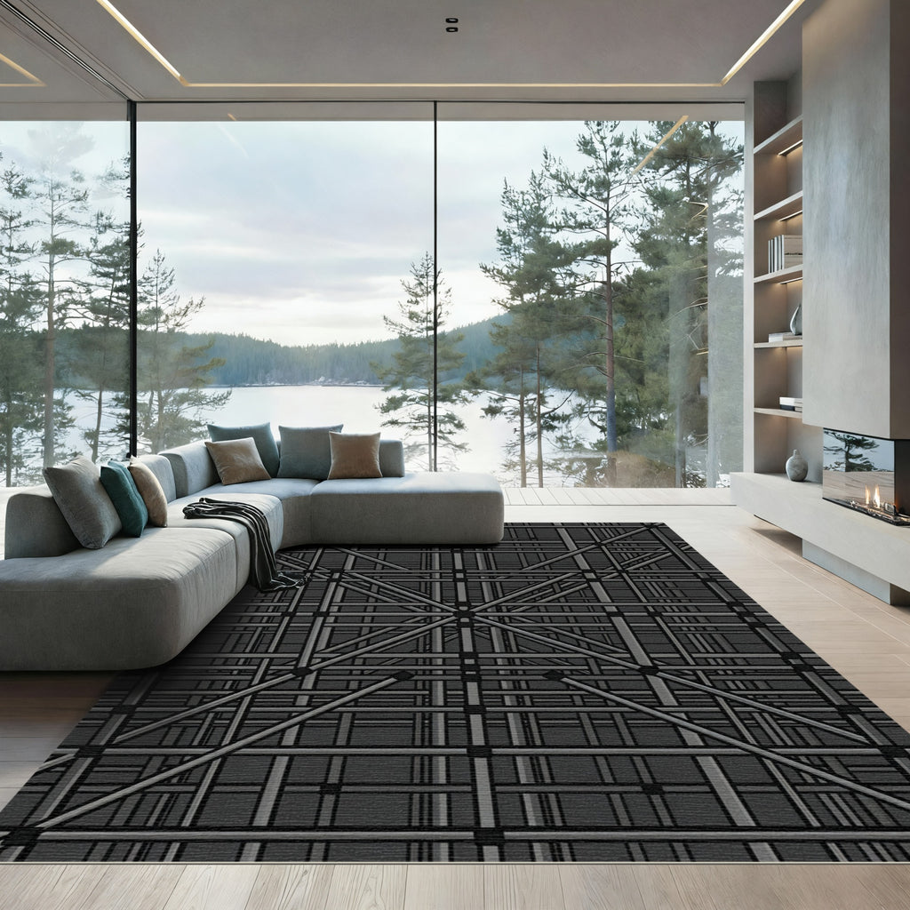 Dark Gray Interlocking Grid Lines Rug