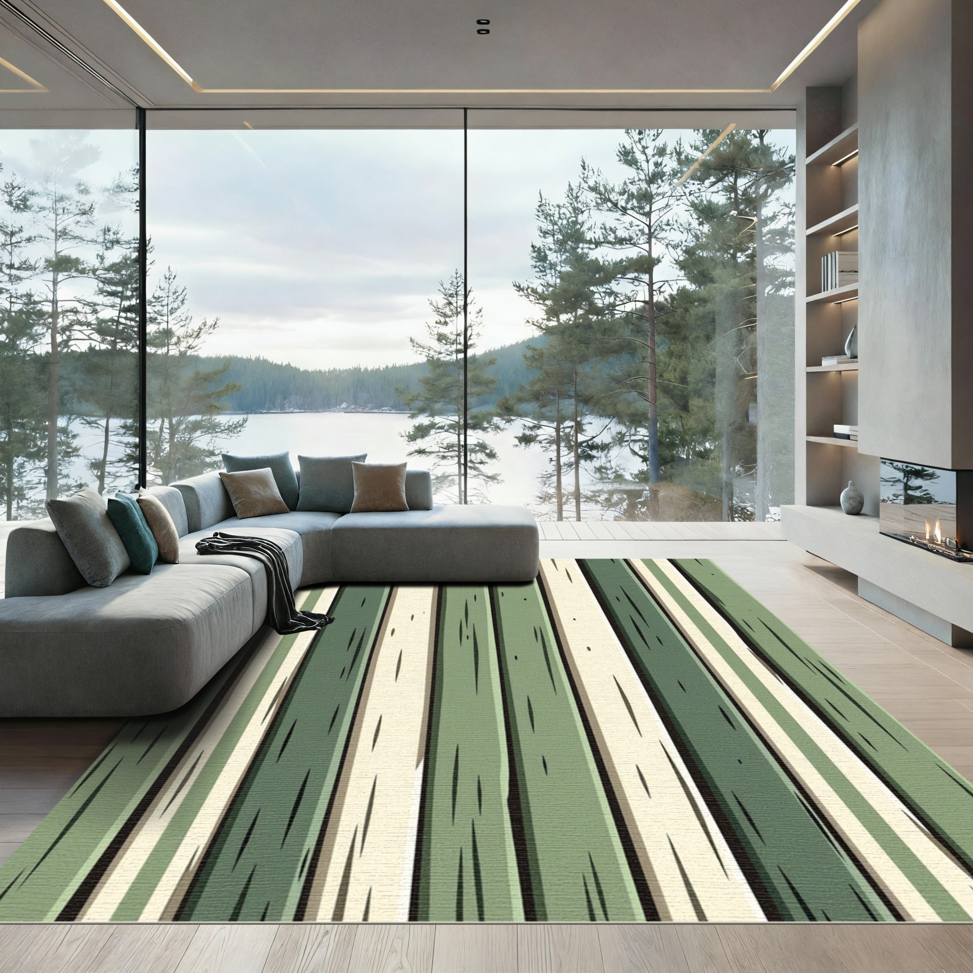 Modern Sage Vertical Wood Plank Striped Rug