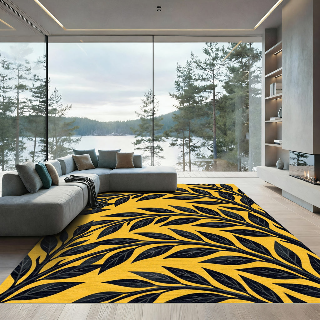 Bold Black Foliage Yellow Vine Rug