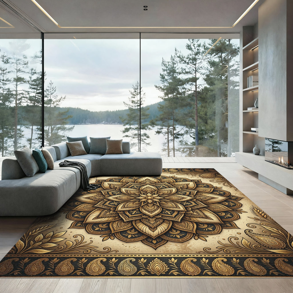 Golden Floral Medallion Black Ornate Rug