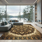 Golden Floral Medallion Black Ornate Rug