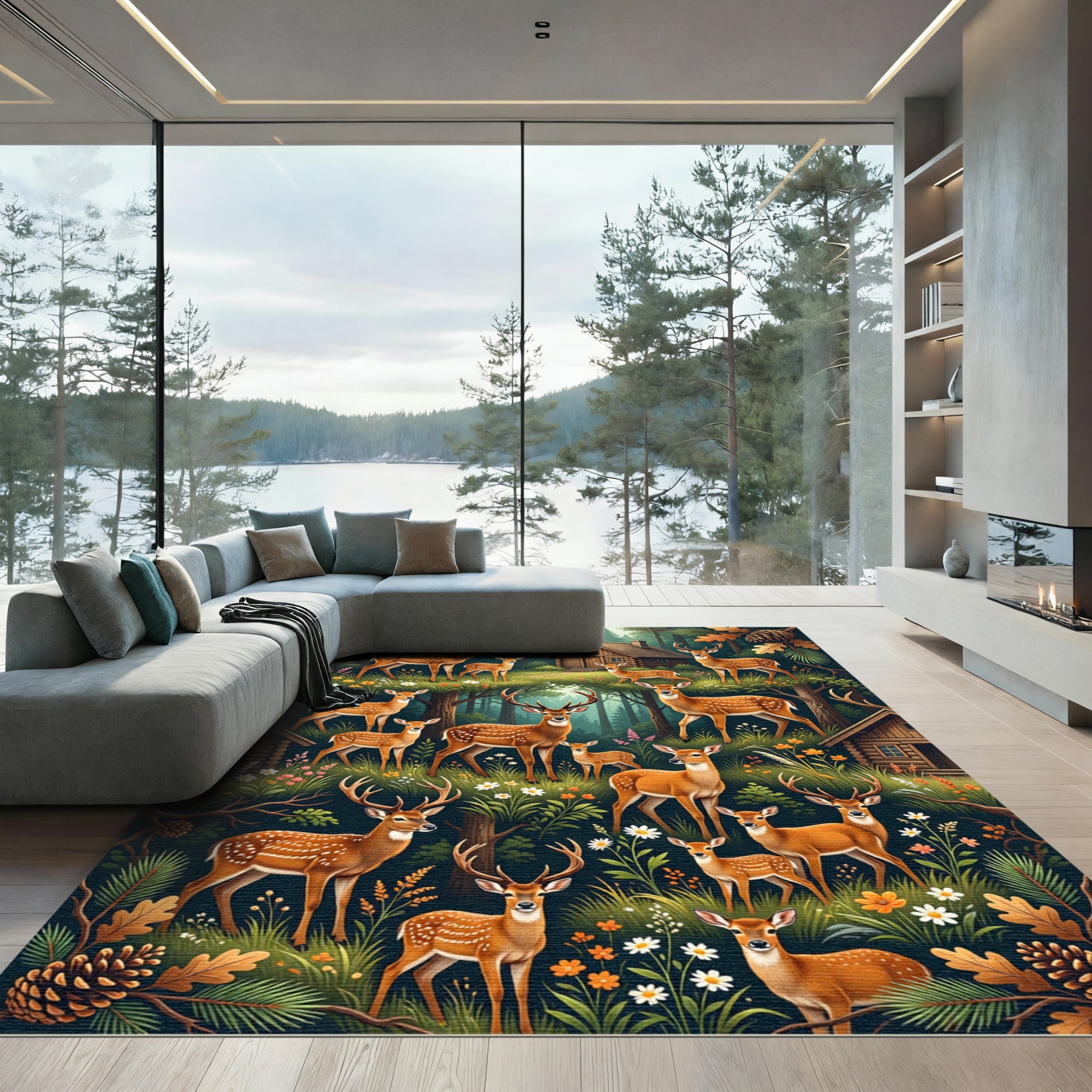 Enchanted Forest Fawn and Deer Scene Rug