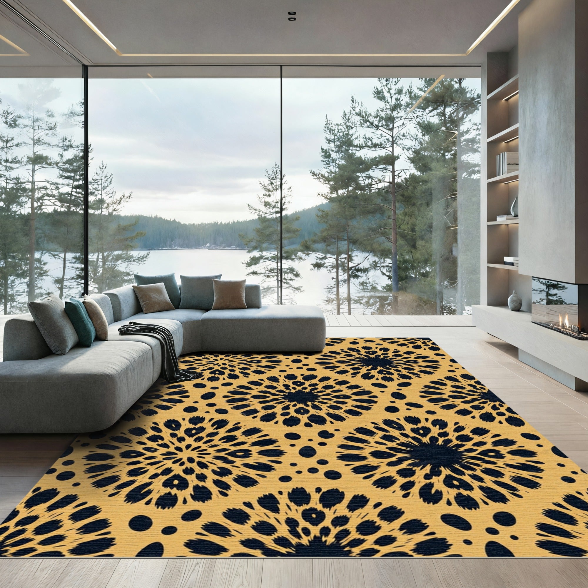 Earthy Gold Abstract Sunburst Medallion Rug