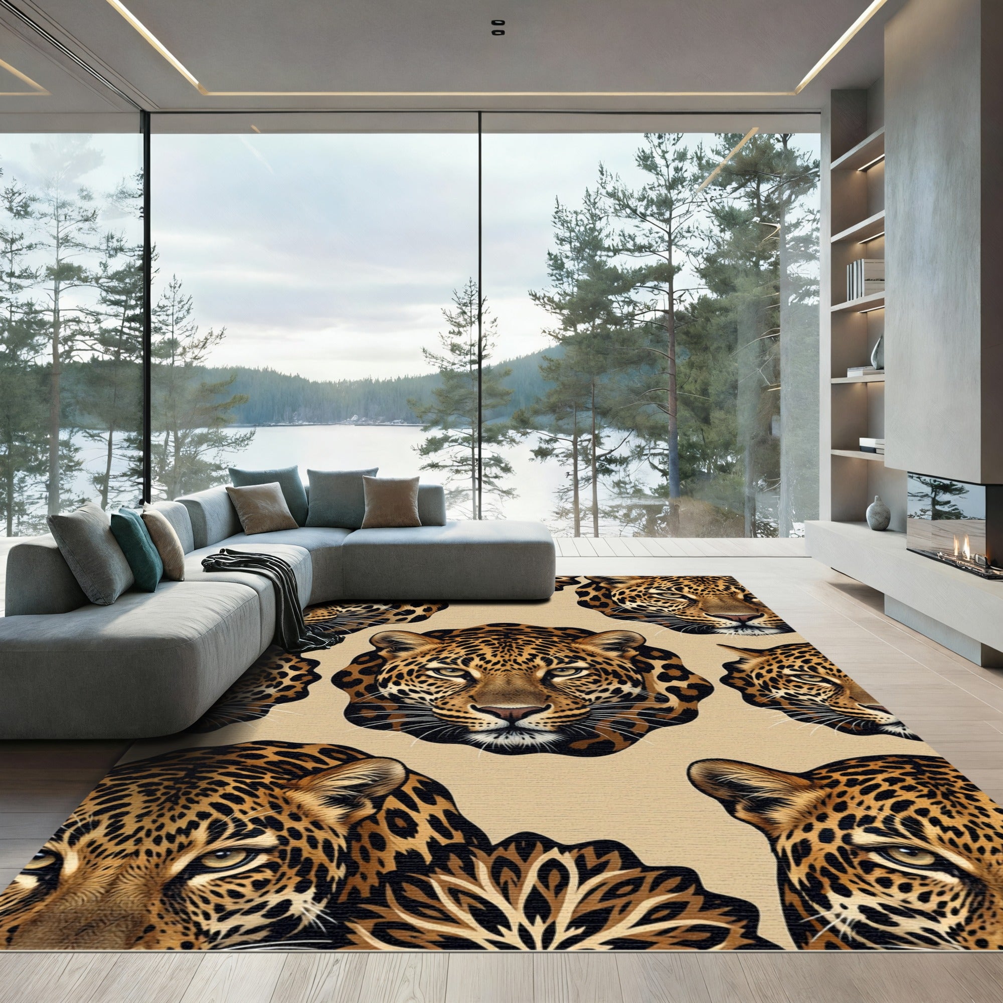 Majestic Leopard Heads Abstract Composition Rug