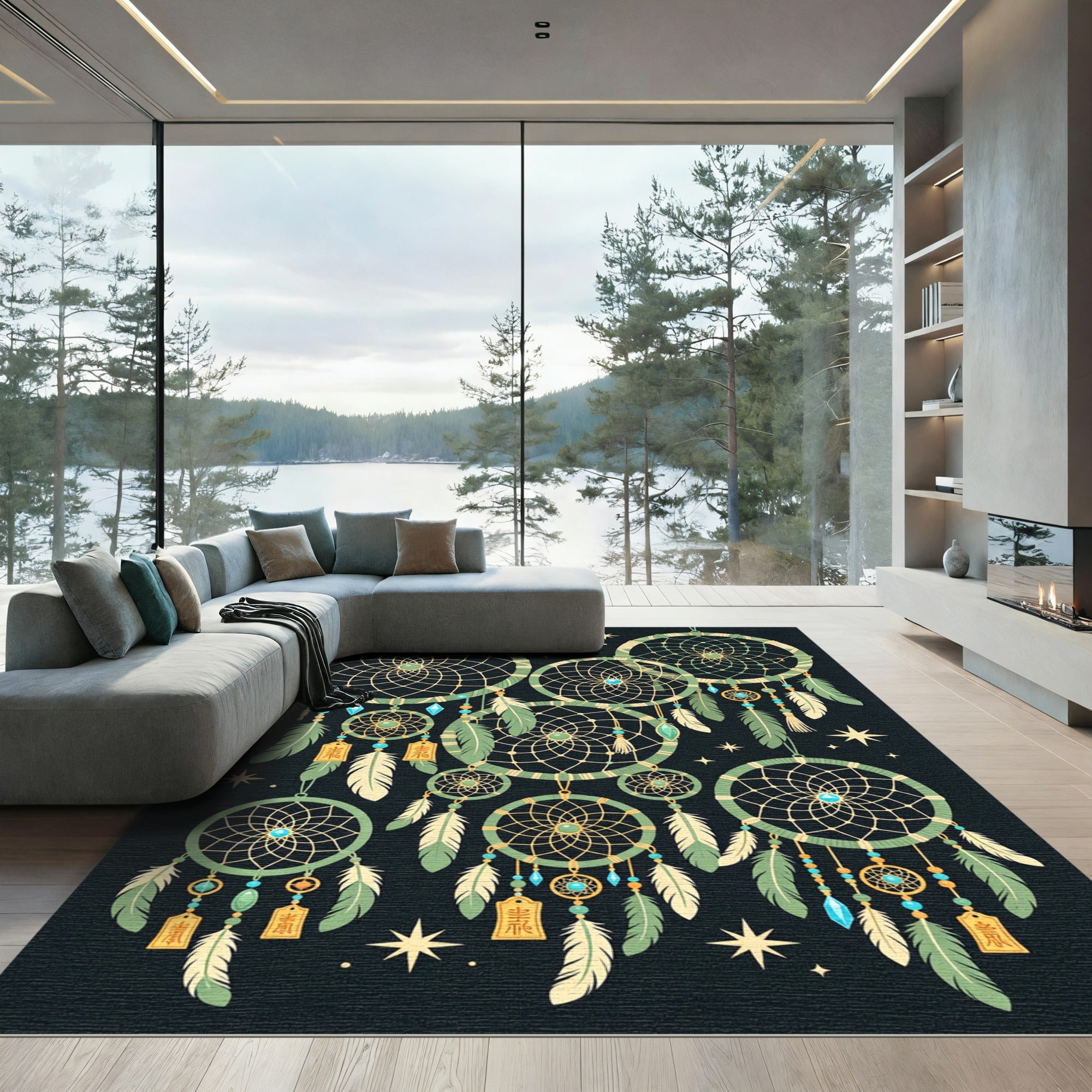 Celestial Sage Green Dreamcatcher Illustration Rug