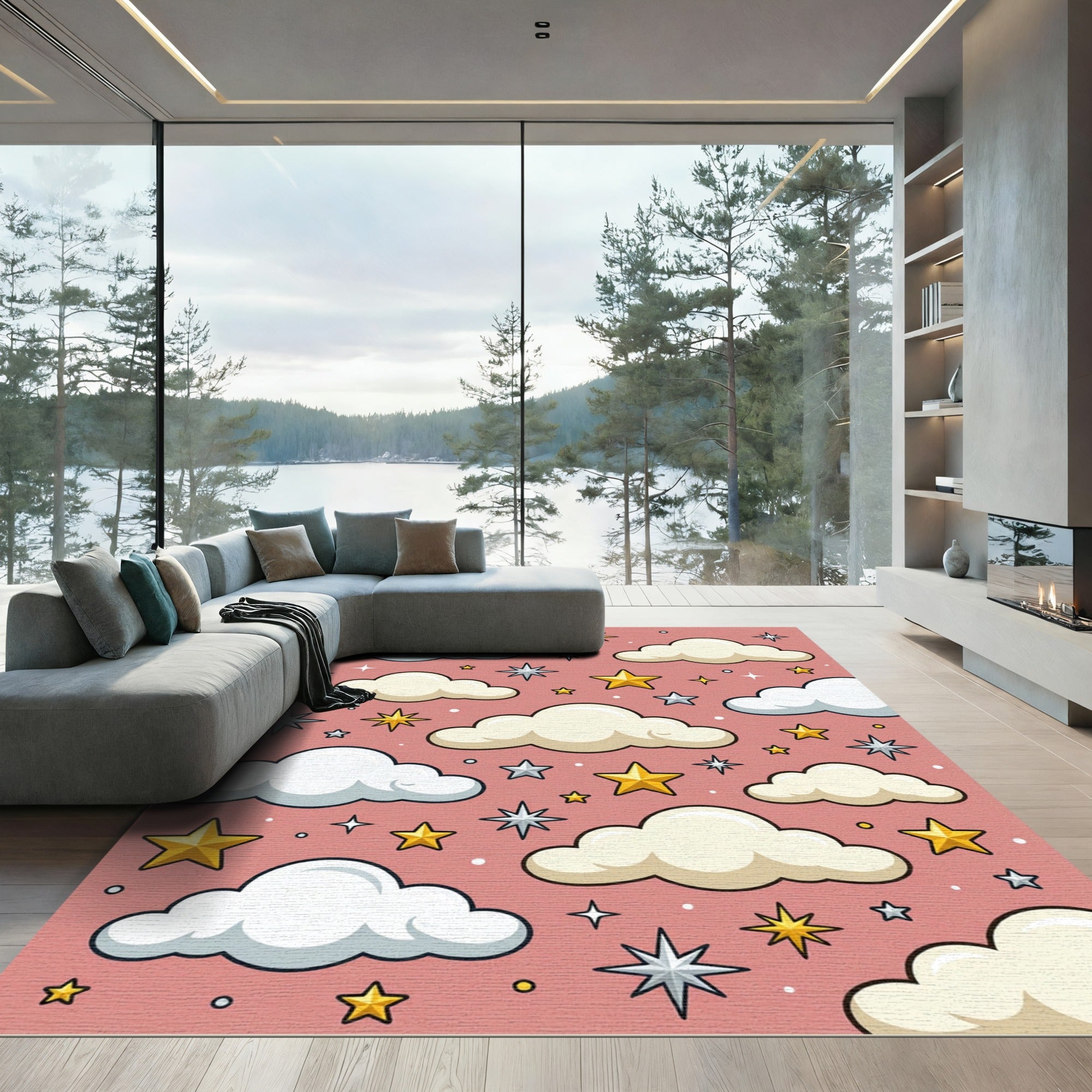 Whimsical Blush Pink Clouds and Stars Rug