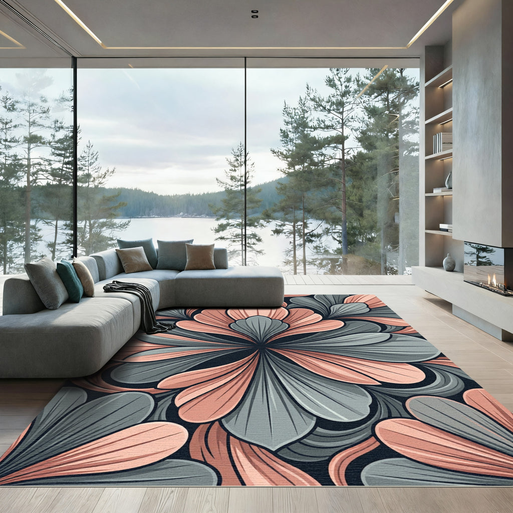 Coral Gray Petal Arrangement Rug