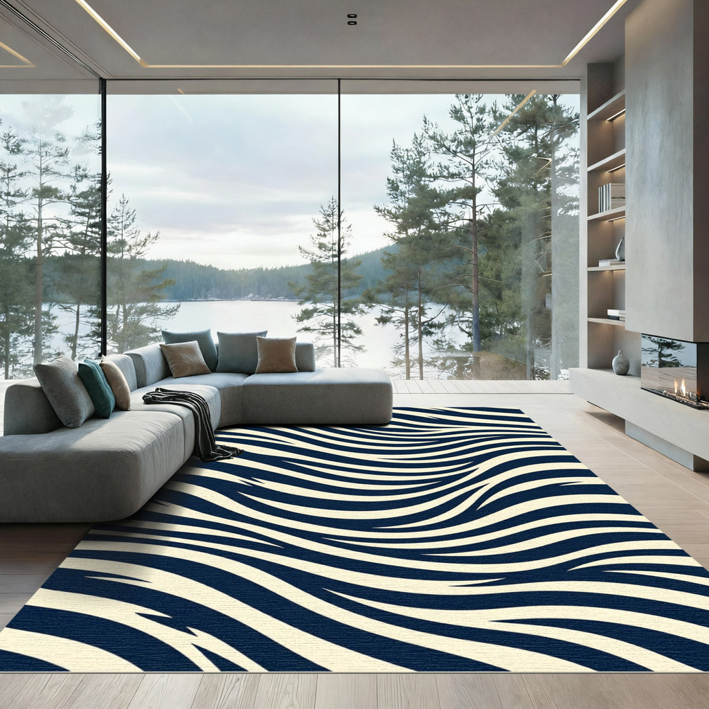 Minimalist Navy and Cream Zebra Wave Rug