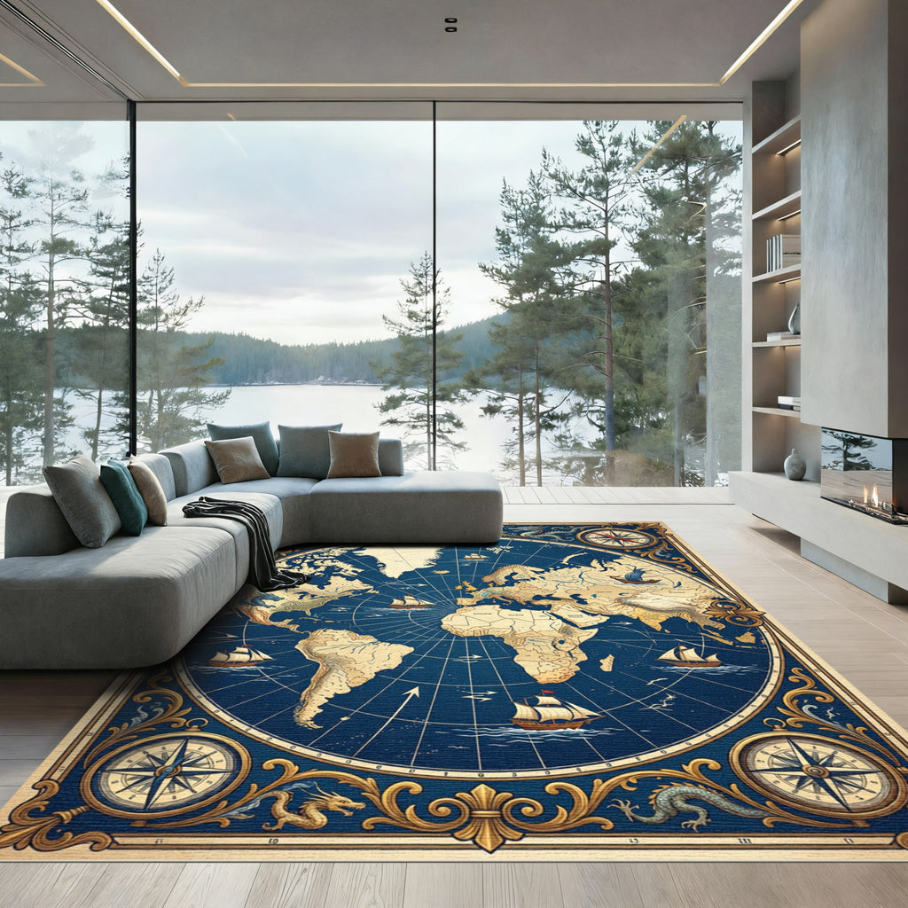 Antique World Map Dragon Compass Rug