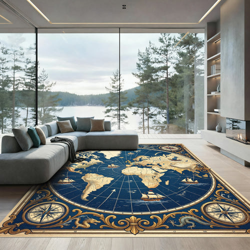 Antique World Map Dragon Compass Rug