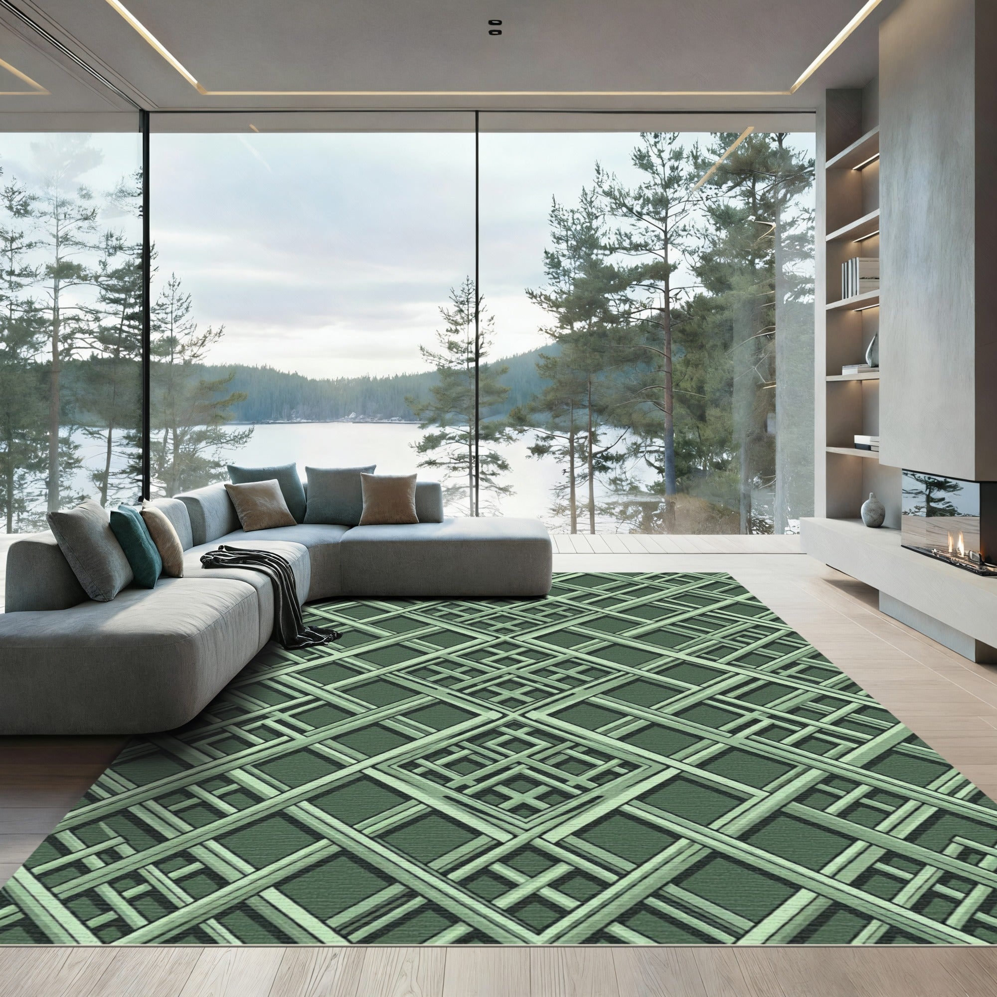 Muted Green Interlocking Lattice Rug