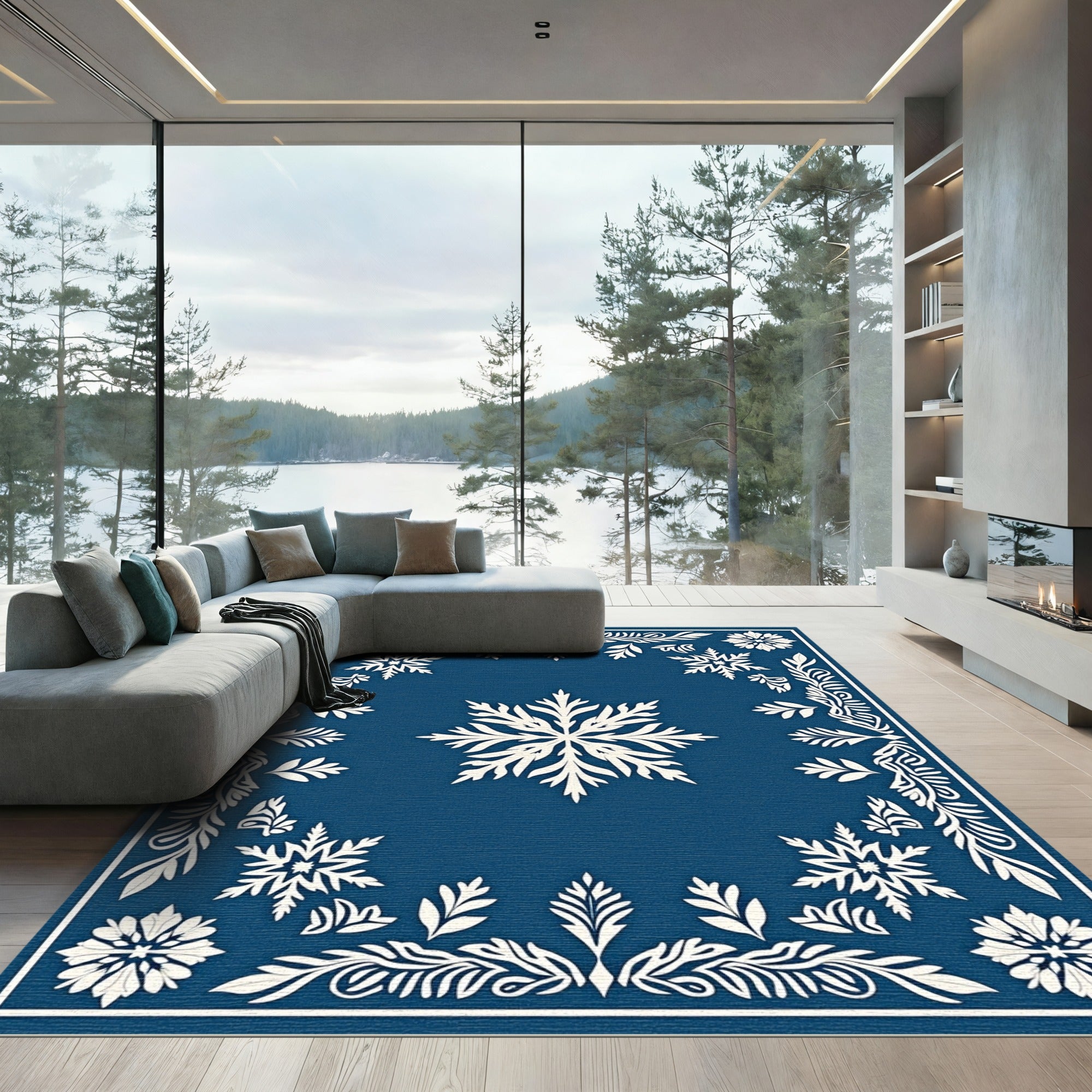 Deep Blue Snowflake Floral Medallion Rug