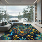 Ornate Peacock Feather Teal Gold Floral Rug