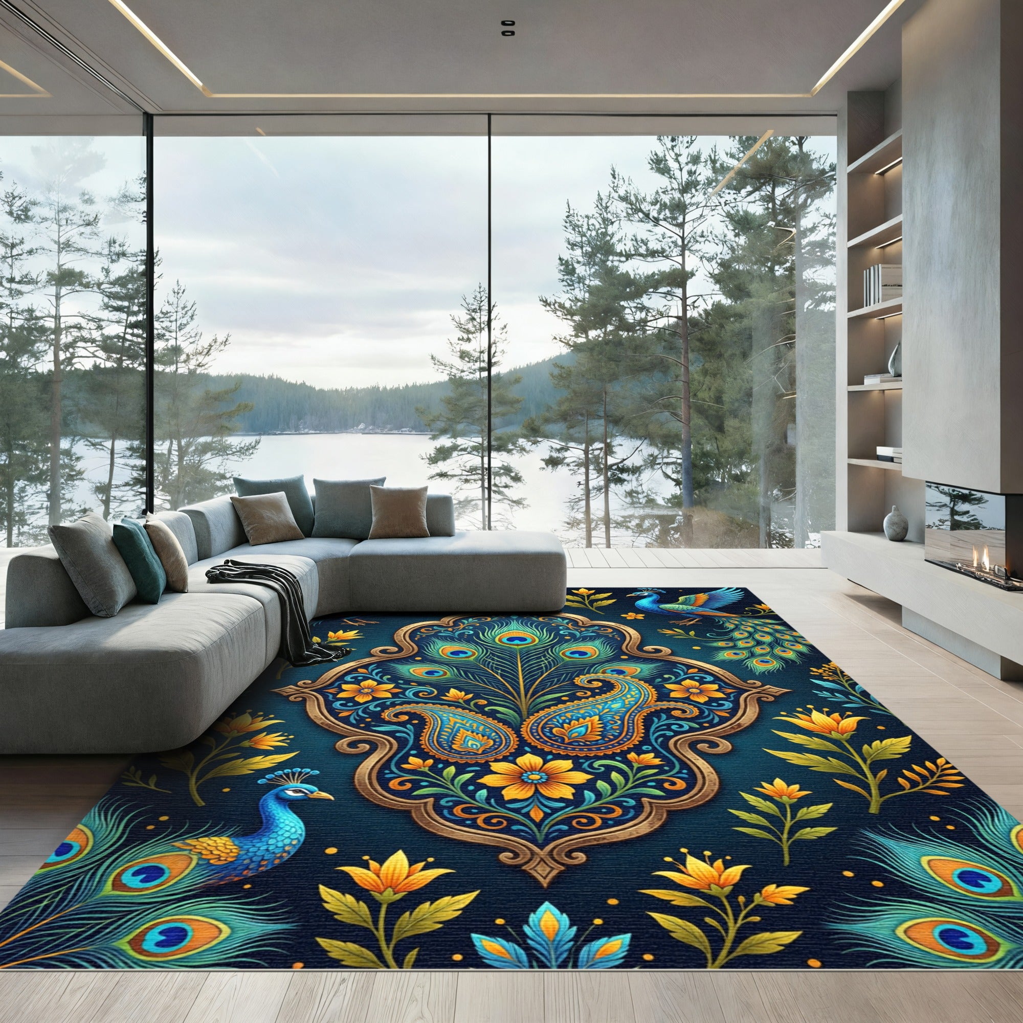 Ornate Peacock Feather Teal Gold Floral Rug