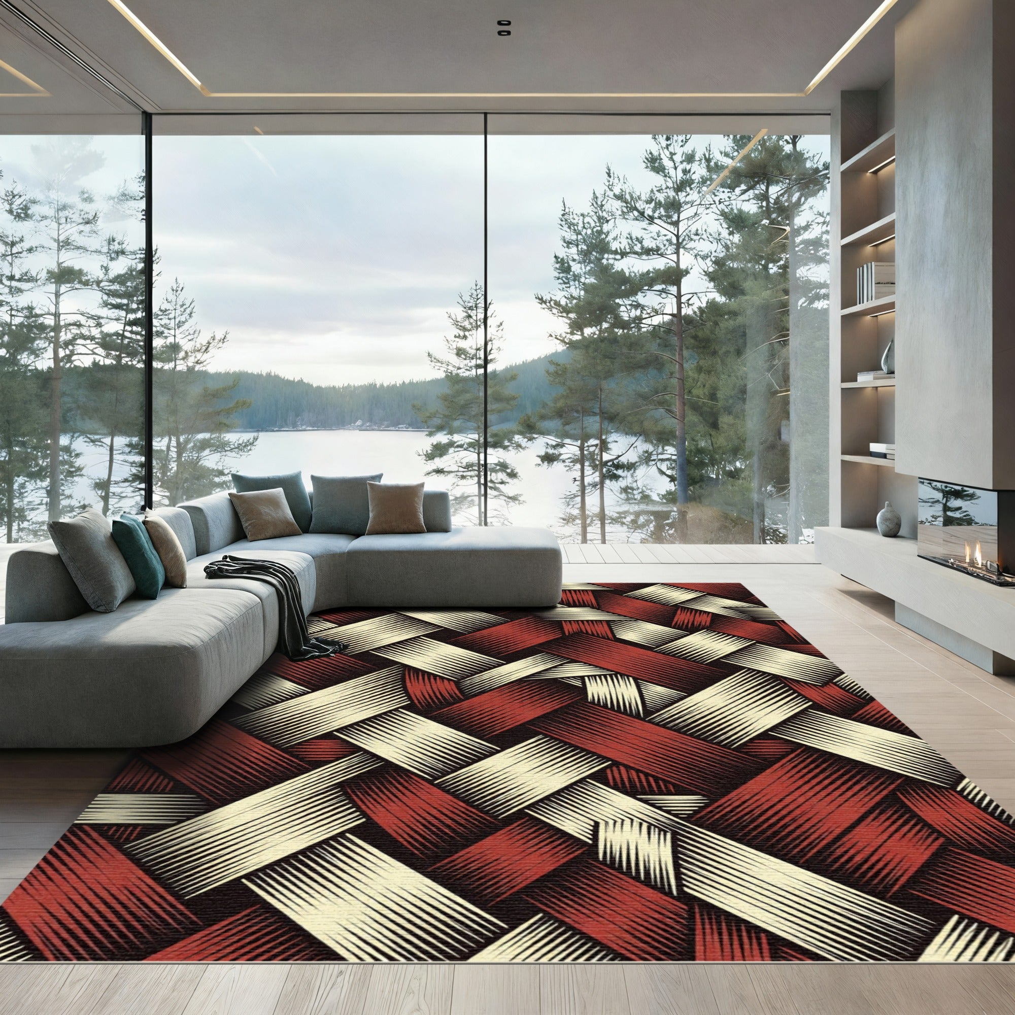 Woven Red Cream Interlocking Stripes Rug