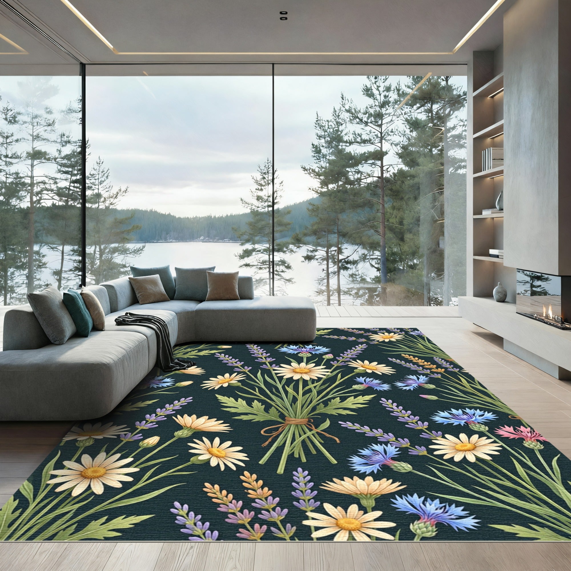 Dark Meadow Chamomile Lavender Cornflower Bouquet Rug