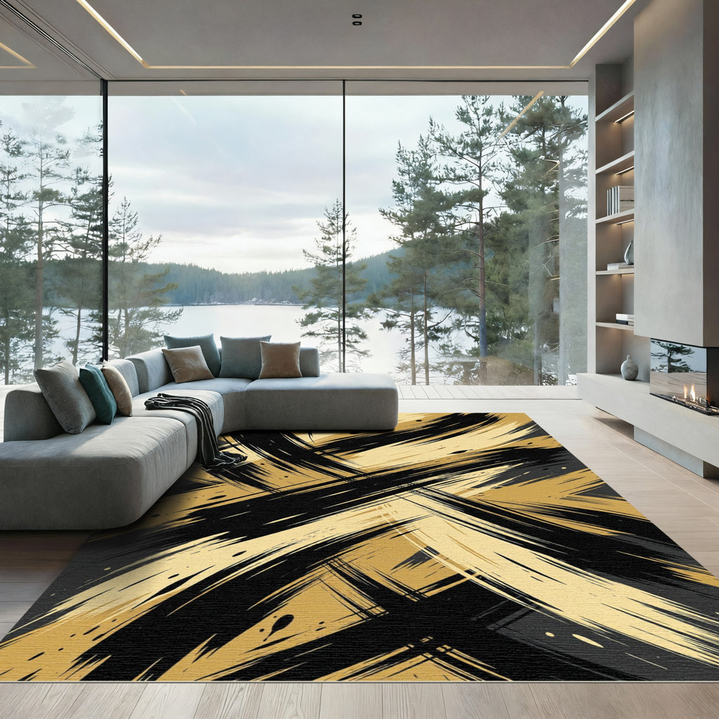 Bold Gold and Black Abstract Stroke Rug