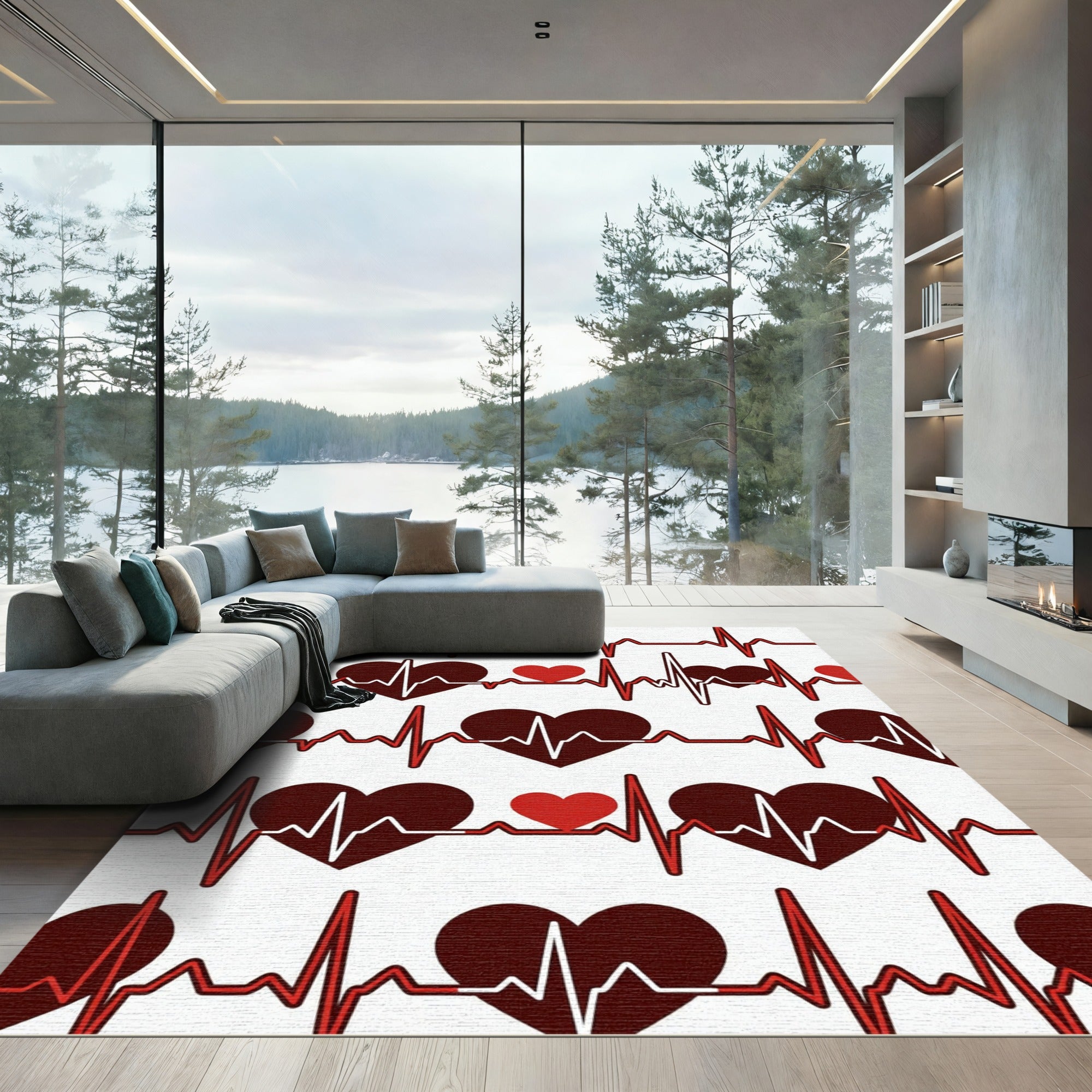 Bold Crimson Heartbeat EKG Rhythm Rug
