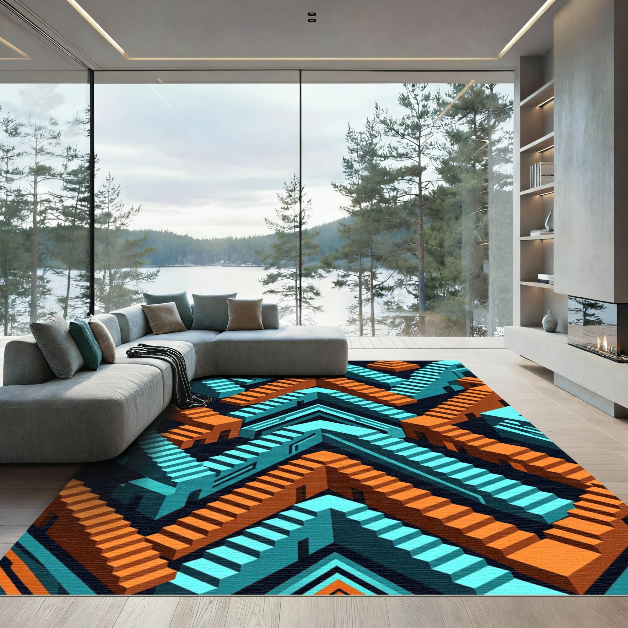 Geometric Isometric Teal and Orange Steps Rug